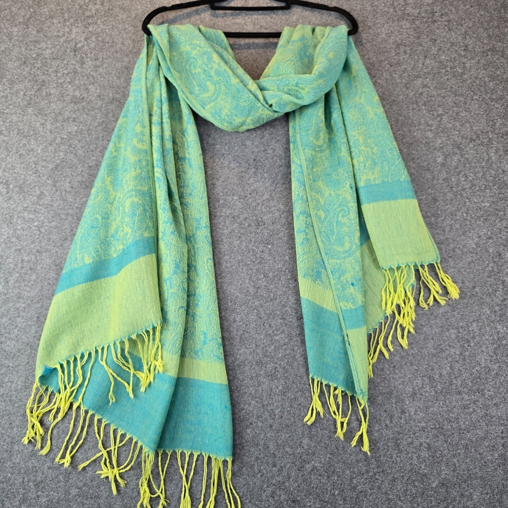 Wrap Shawl Scarf Womens Green Blue Paisley Print Fringe Hem Lightweight Boho